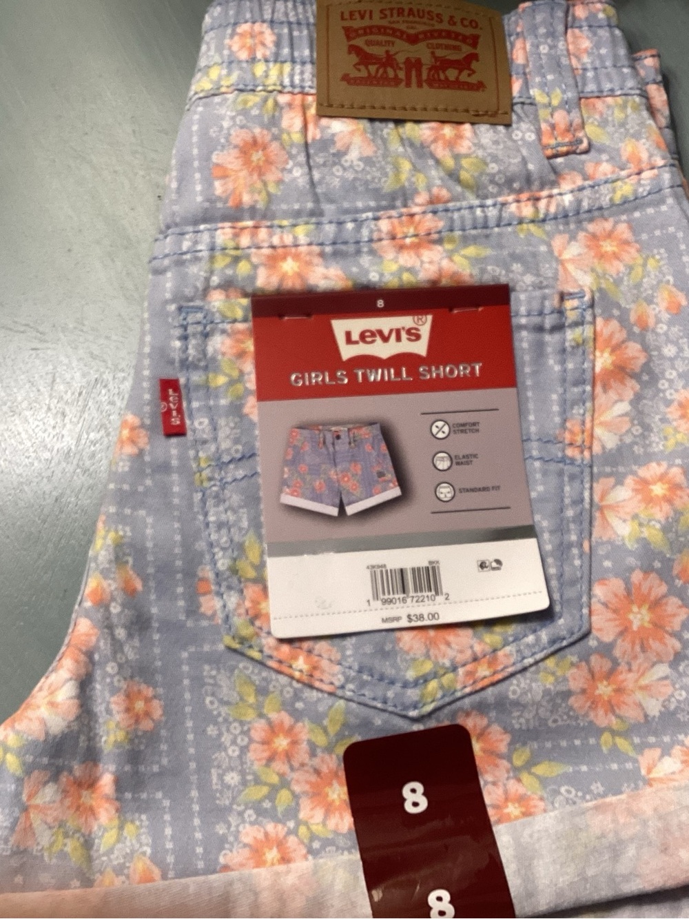 Levi's Girls Floral Twill Shorts - Light Blue with Peach Flowers Size 8 NWT
